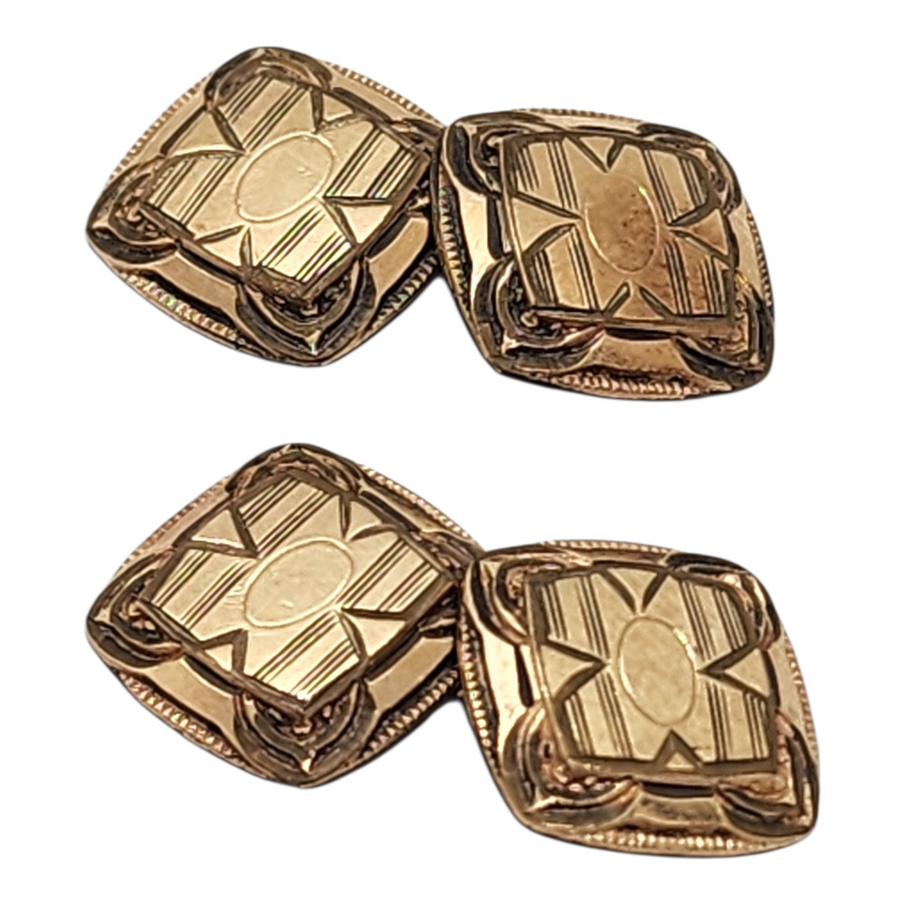 Antique Cuff Links 10k Gold Plated BM Signed Chain Link Mens 1940s Engravable